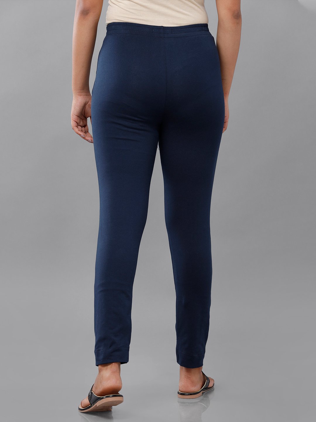 Navy Blue Solid Knit Cotton Blend Pants