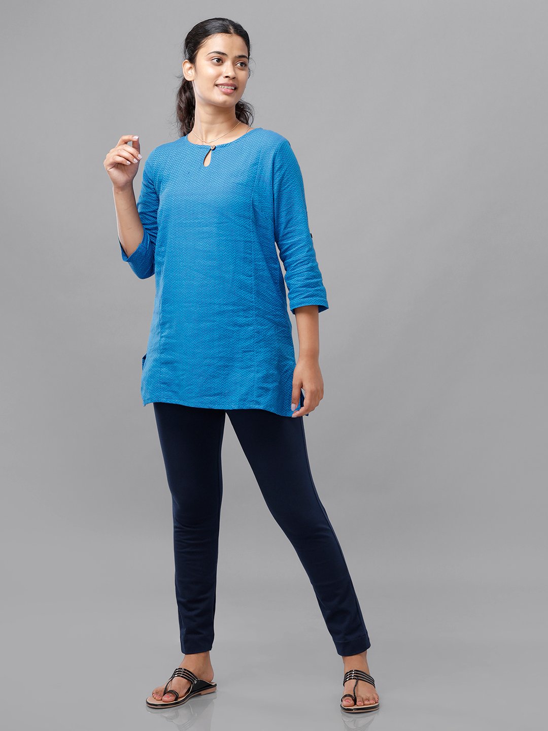 Navy Blue Solid Knit Cotton Blend Pants