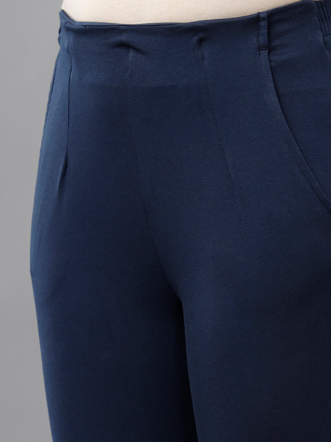 Navy Blue Solid Knit Cotton Blend Pants