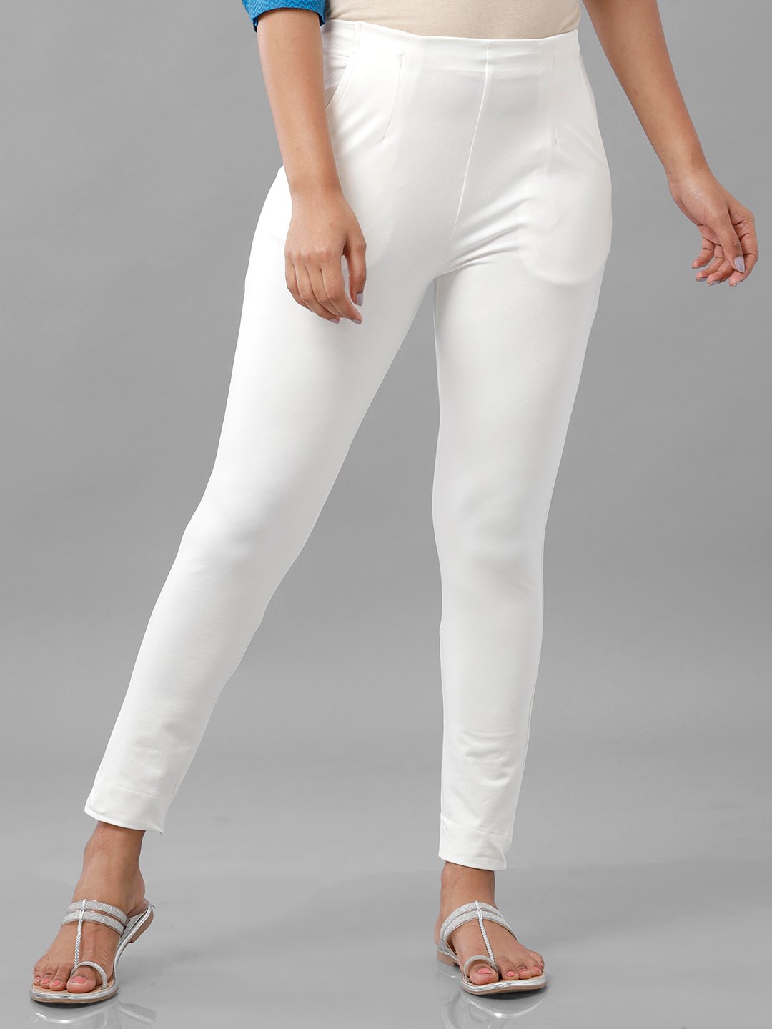 Off White Solid Knit Cotton Blend Pants