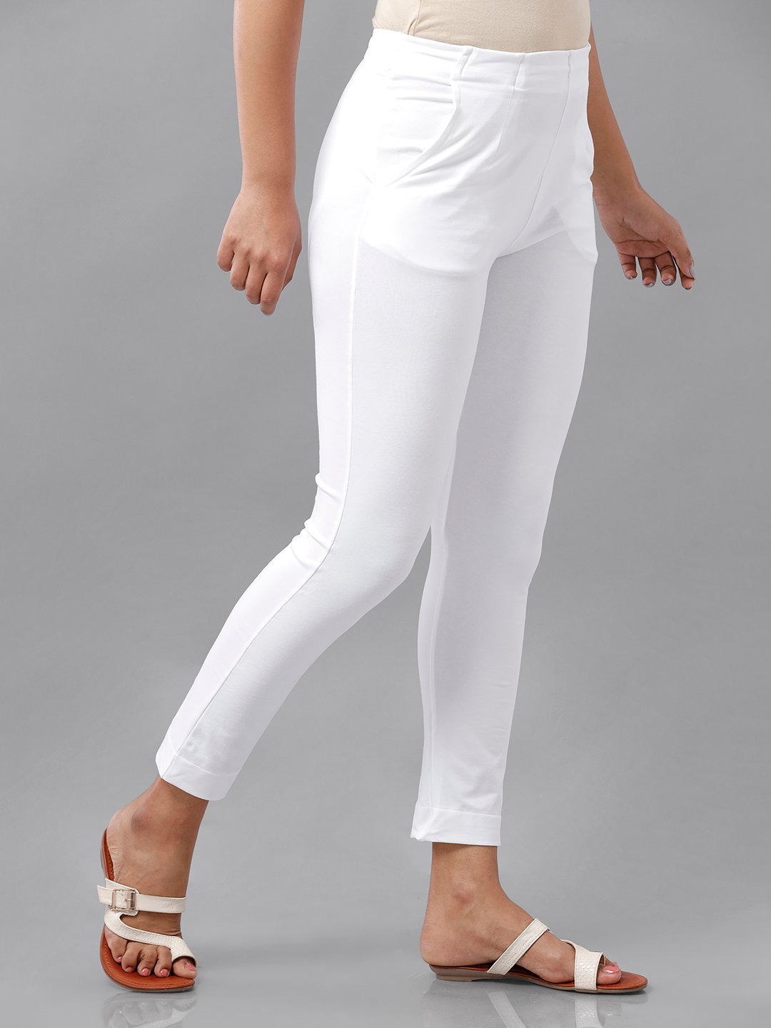 White Solid Knit Cotton Blend Pants