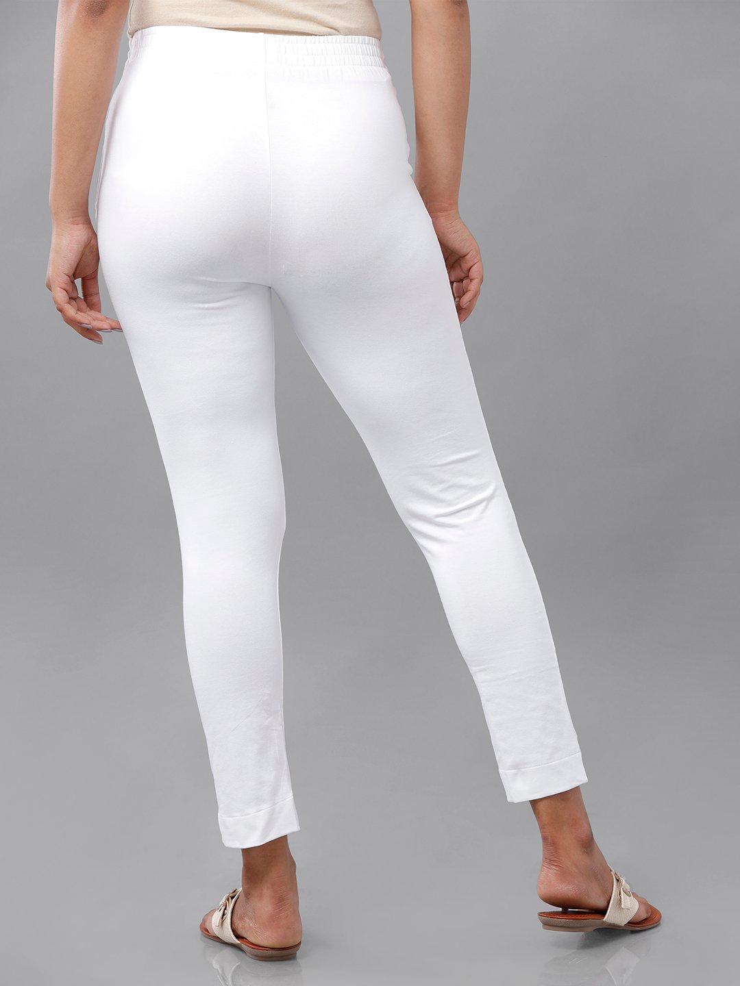 White Solid Knit Cotton Blend Pants