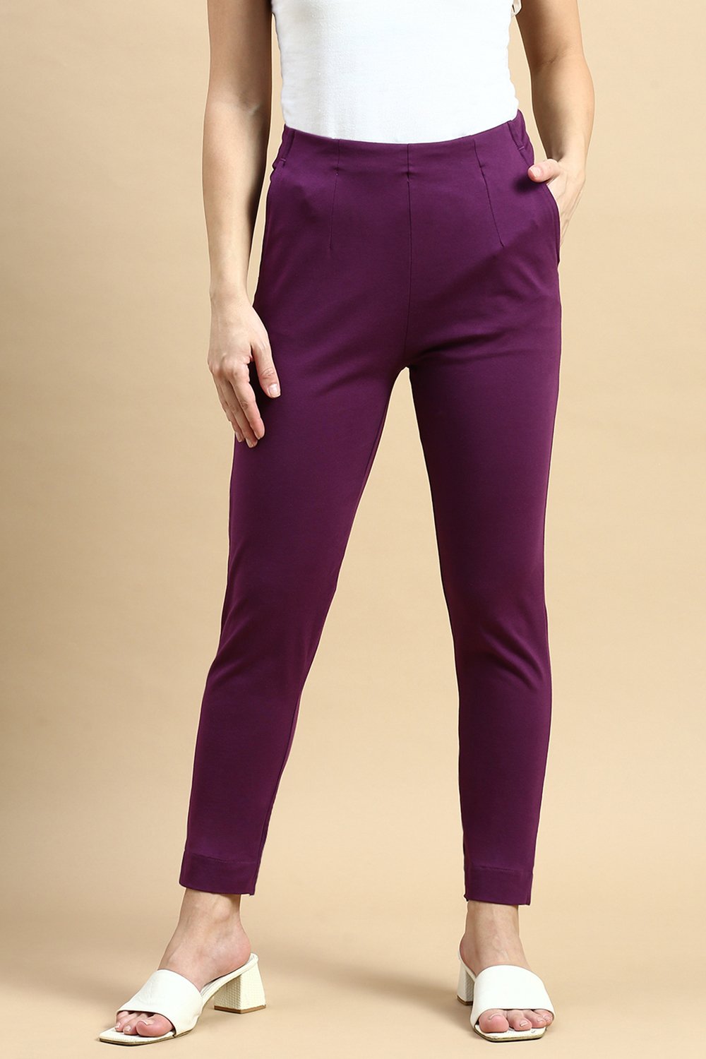 Purple Solid Knit Cotton Pants