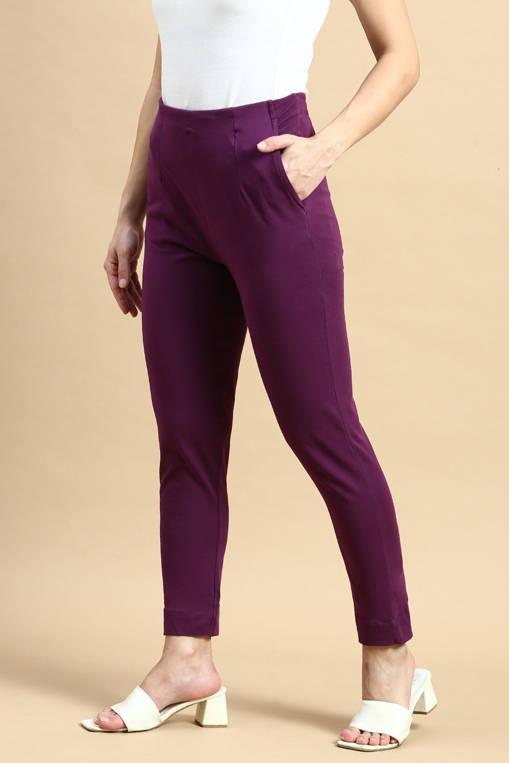 Purple Solid Knit Cotton Pants