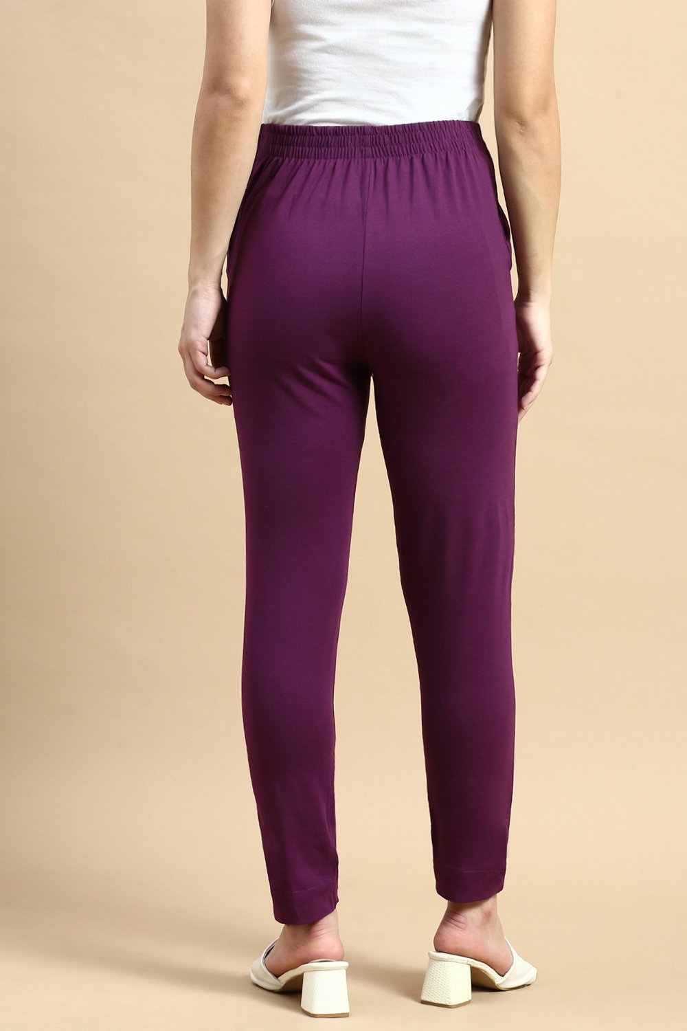 Purple Solid Knit Cotton Pants