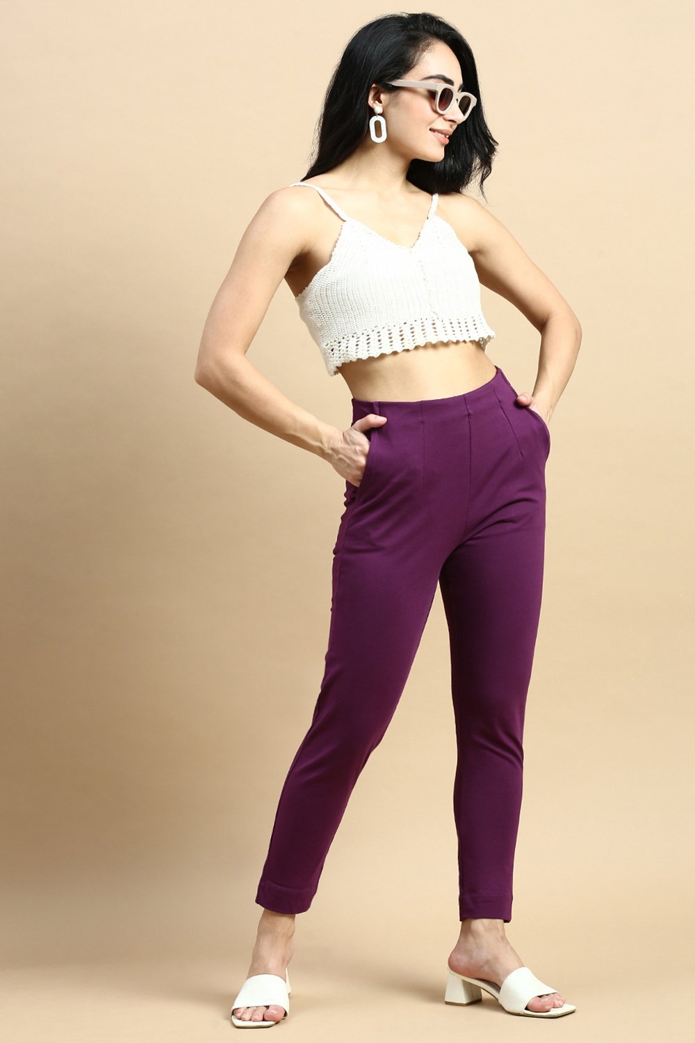 Purple Solid Knit Cotton Pants