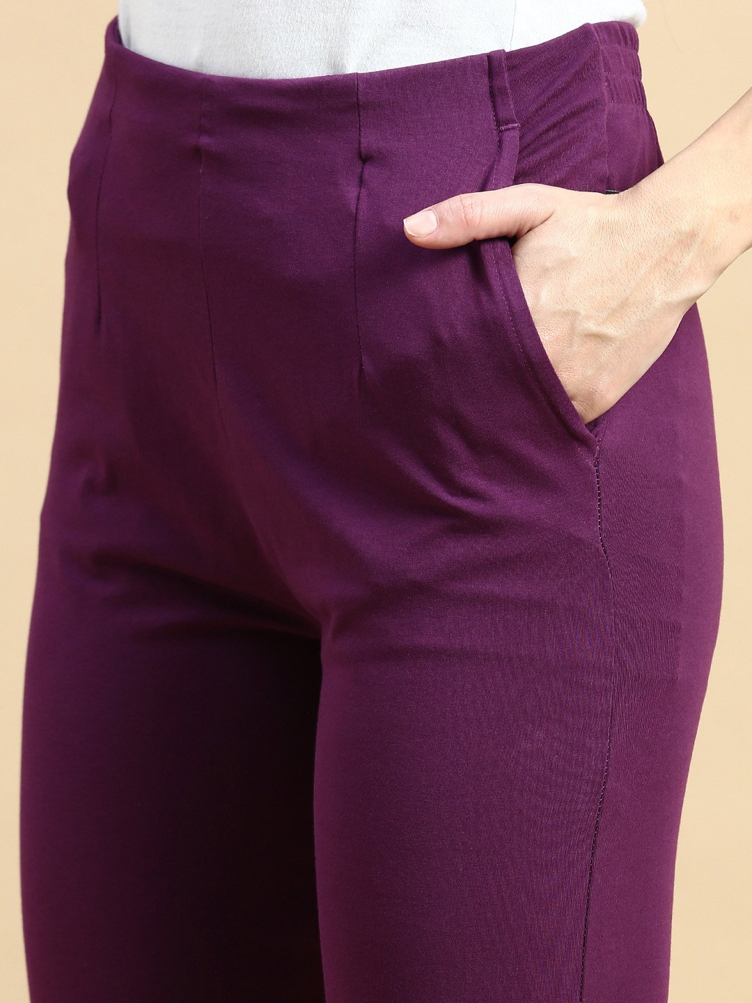 Purple Solid Knit Cotton Pants