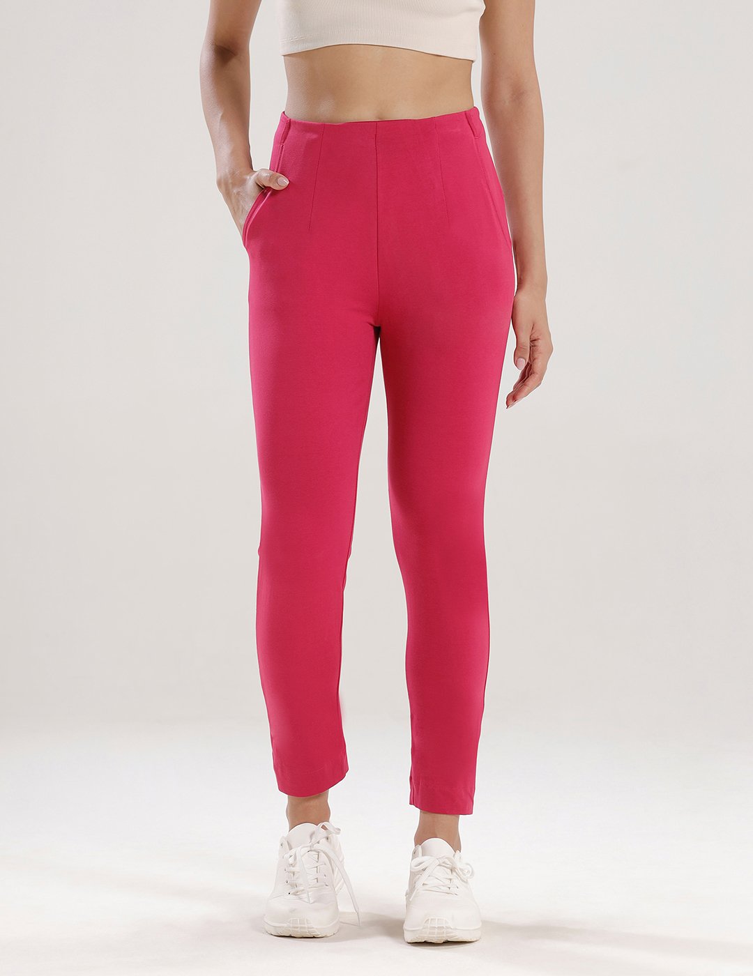 Magenta Solid Knit Cotton Blend Pants