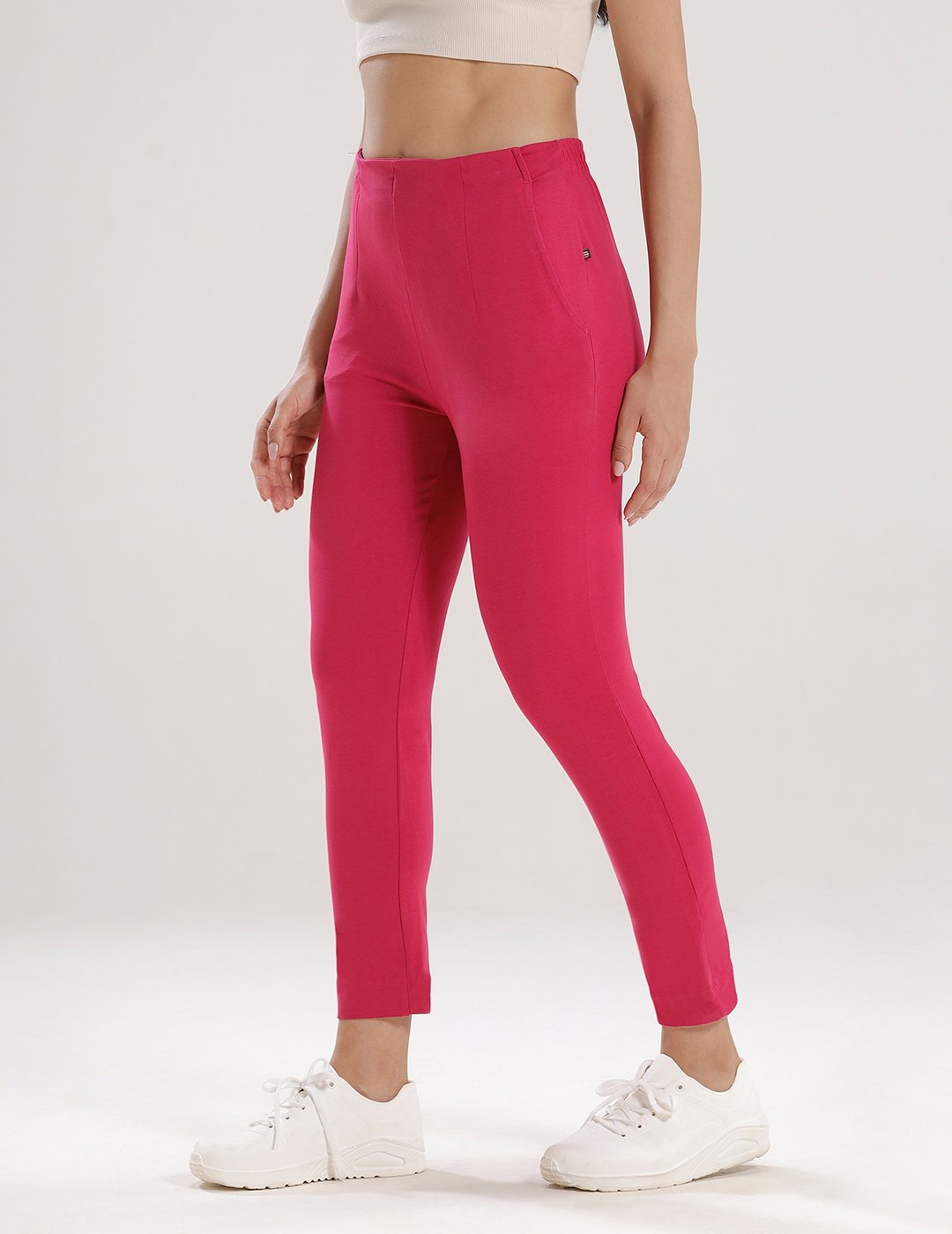 Magenta Solid Knit Cotton Blend Pants