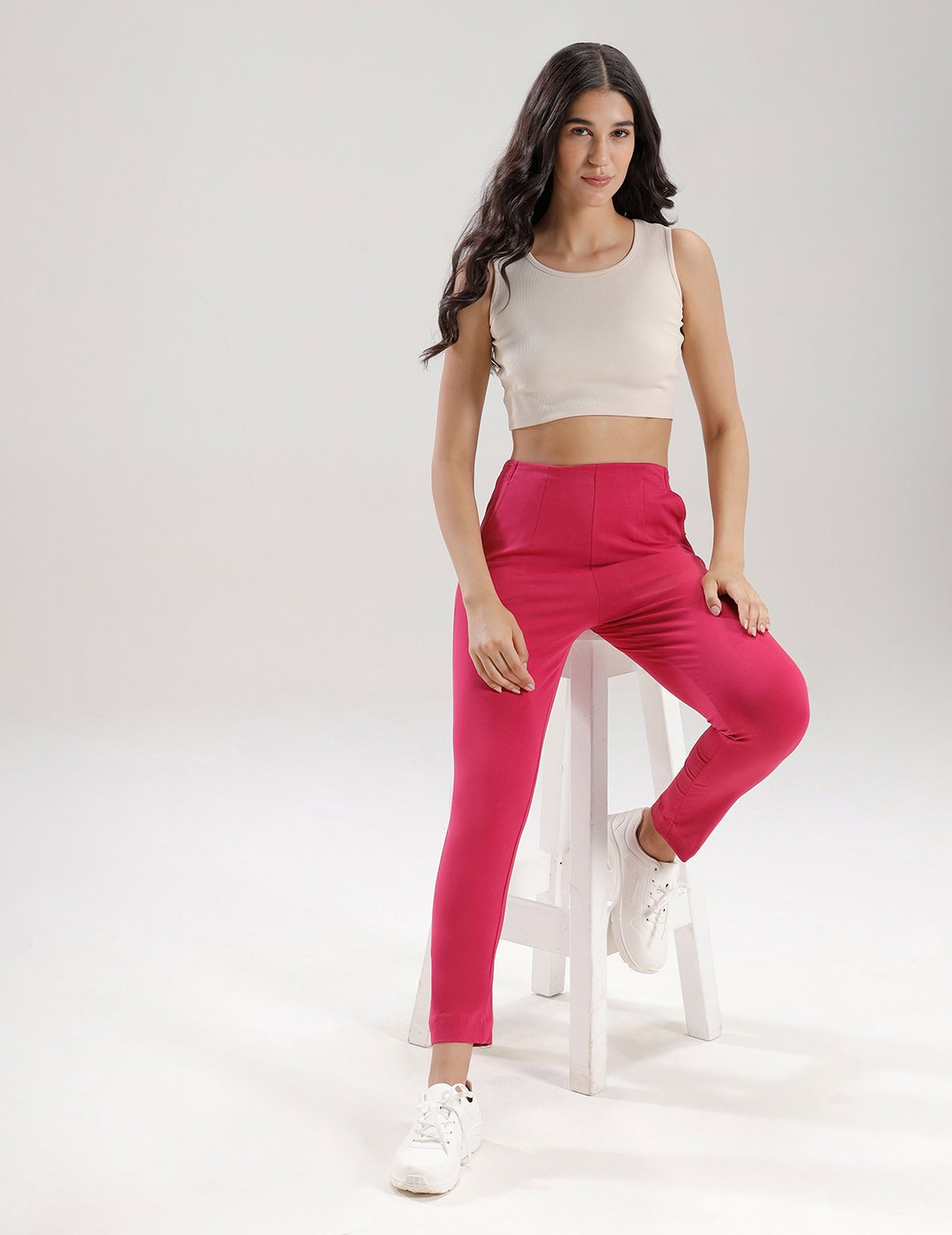 Magenta Solid Knit Cotton Blend Pants