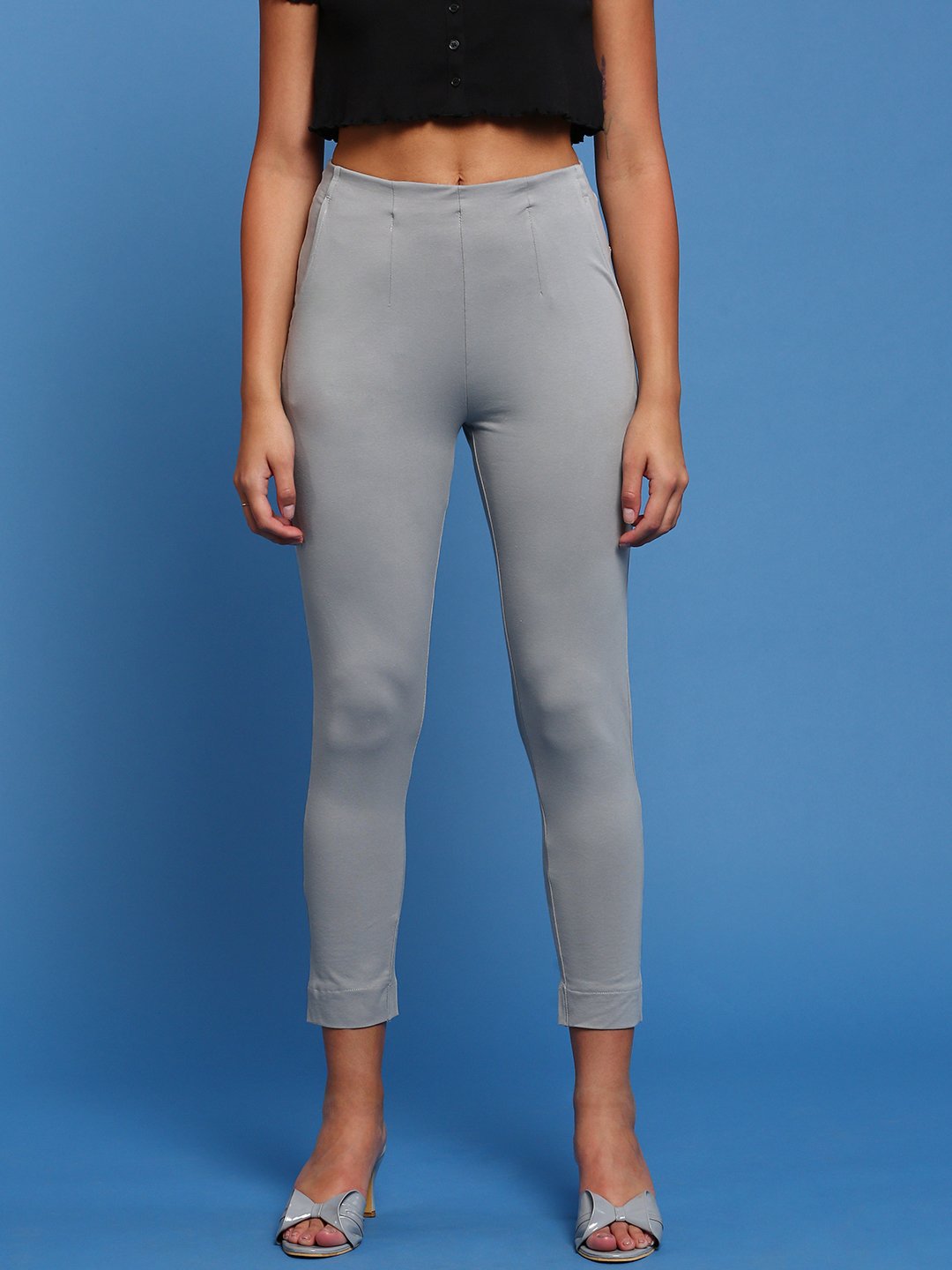 Grey Solid Knit Cotton Blend Pants