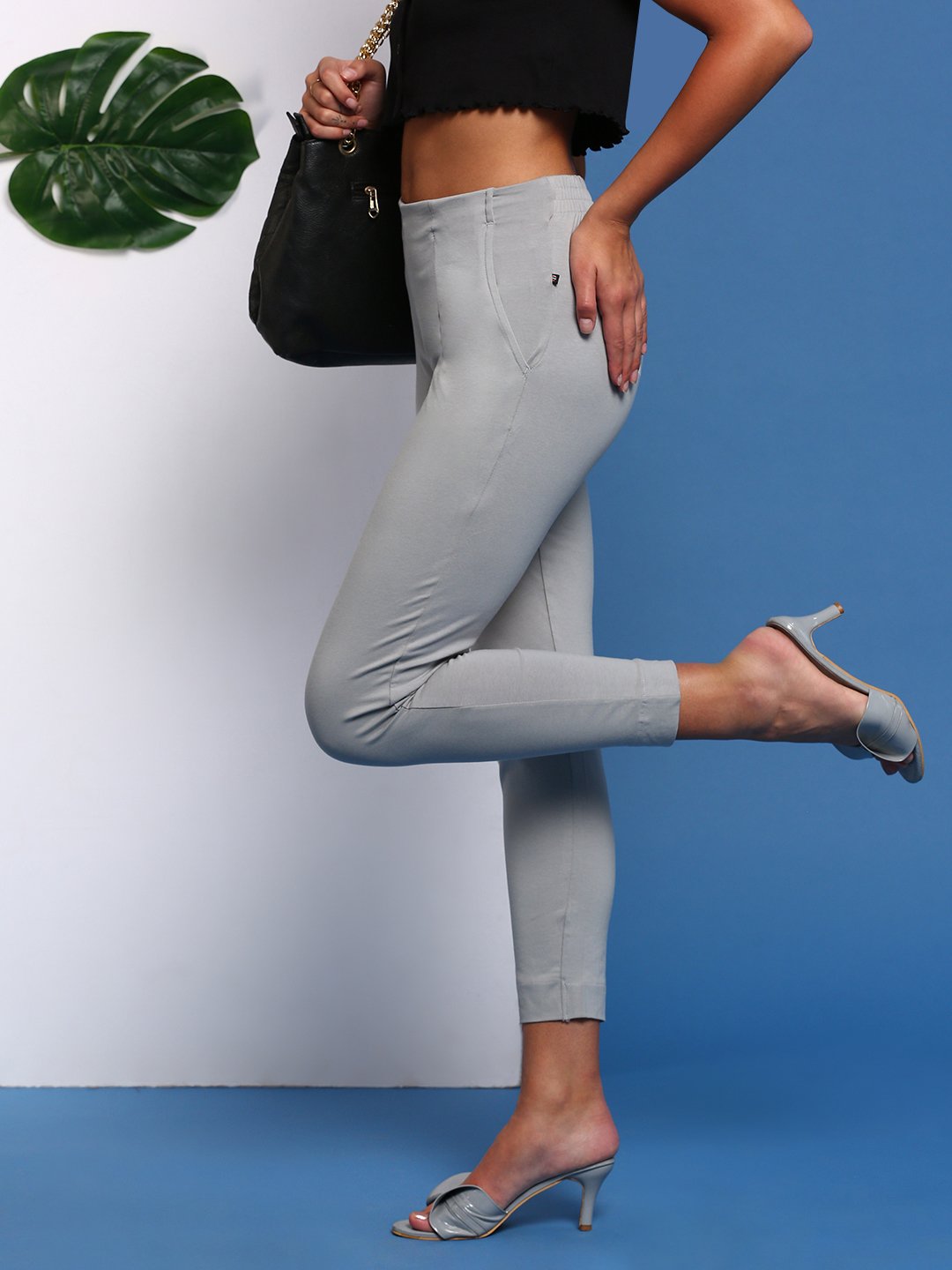 Grey Solid Knit Cotton Blend Pants