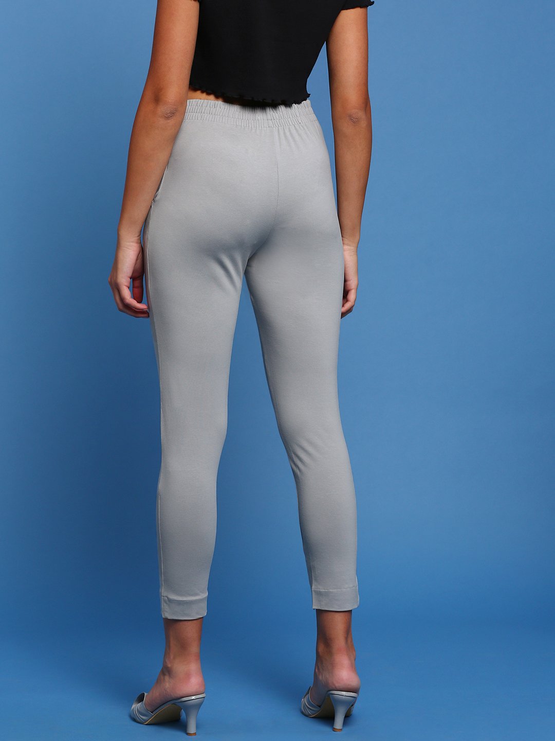 Grey Solid Knit Cotton Blend Pants