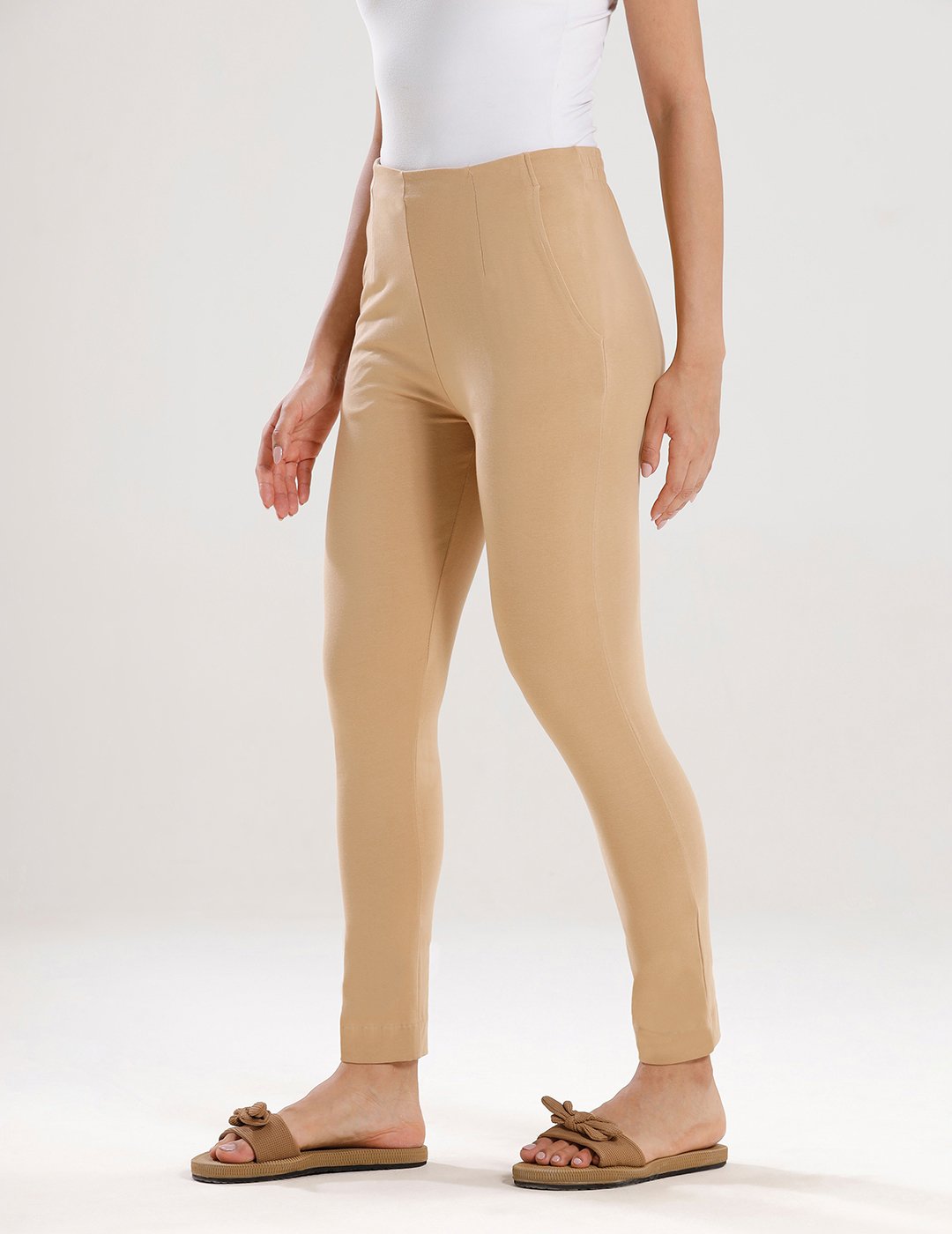 Beige Solid Knit Cotton Blend Pants