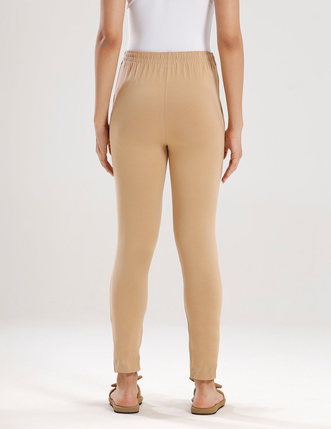 Beige Solid Knit Cotton Blend Pants