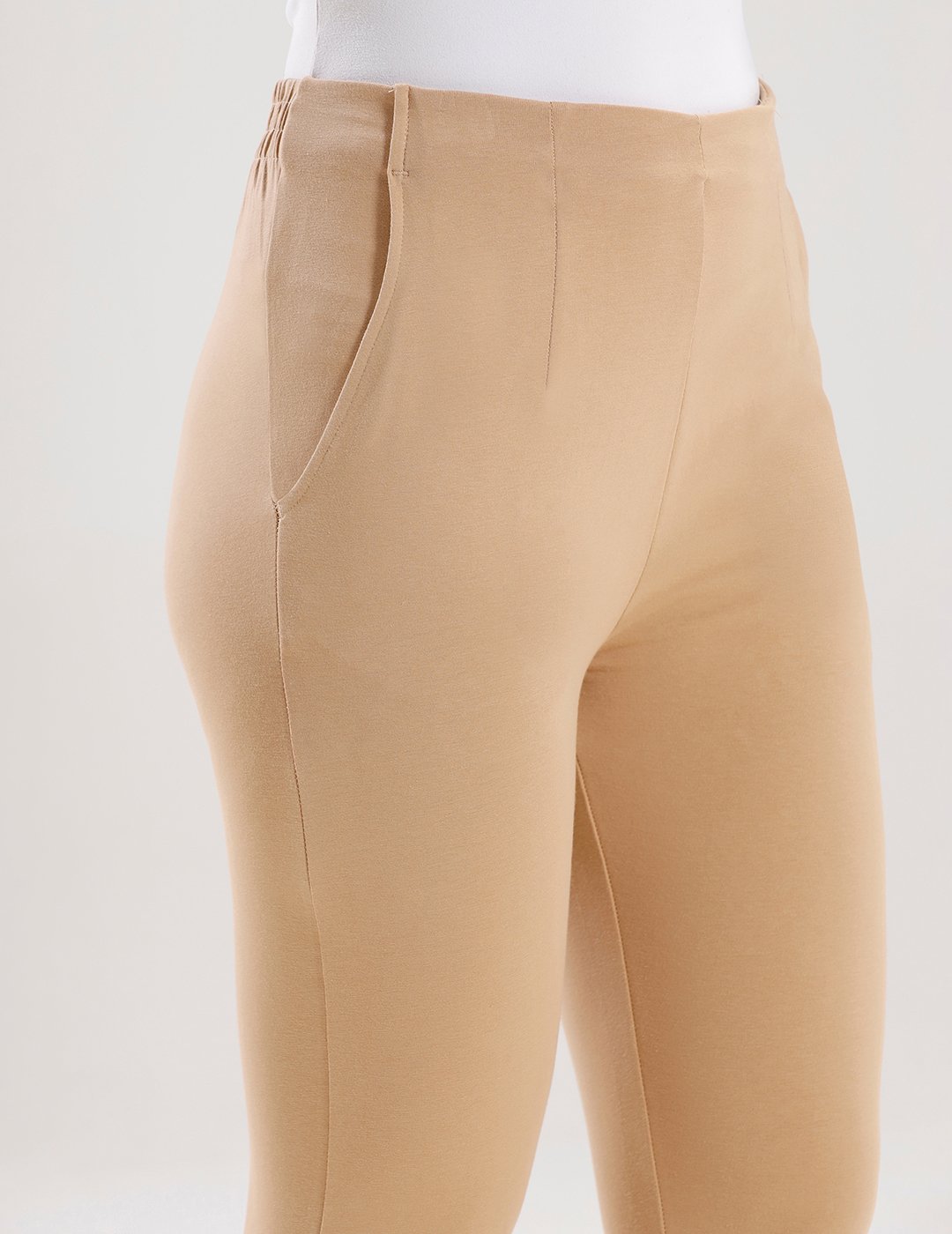 Beige Solid Knit Cotton Blend Pants