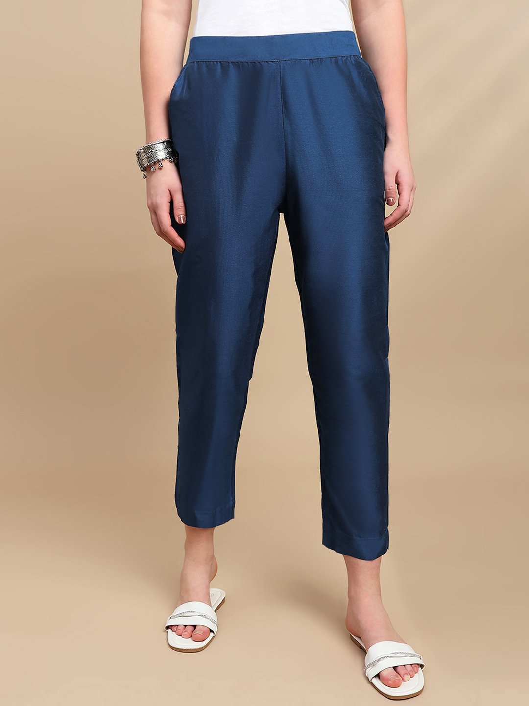 Navy Blue Solid Pants with Side Pocket