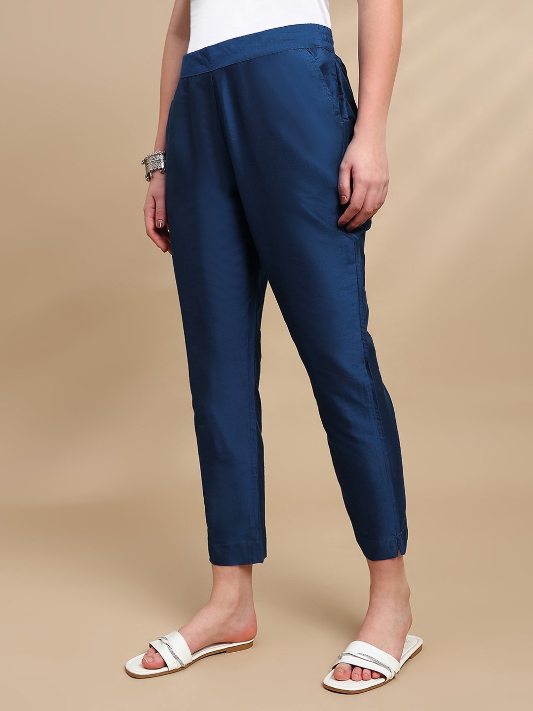 Navy Blue Solid Pants with Side Pocket
