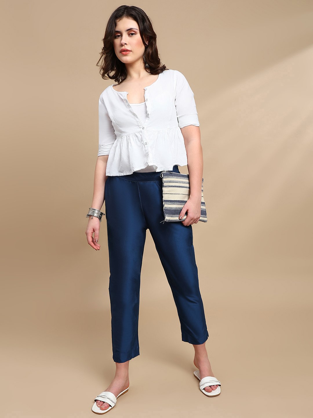 Navy Blue Solid Pants with Side Pocket