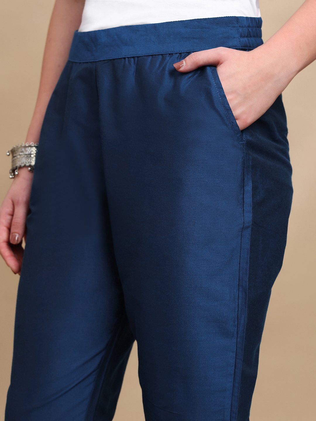 Navy Blue Solid Pants with Side Pocket