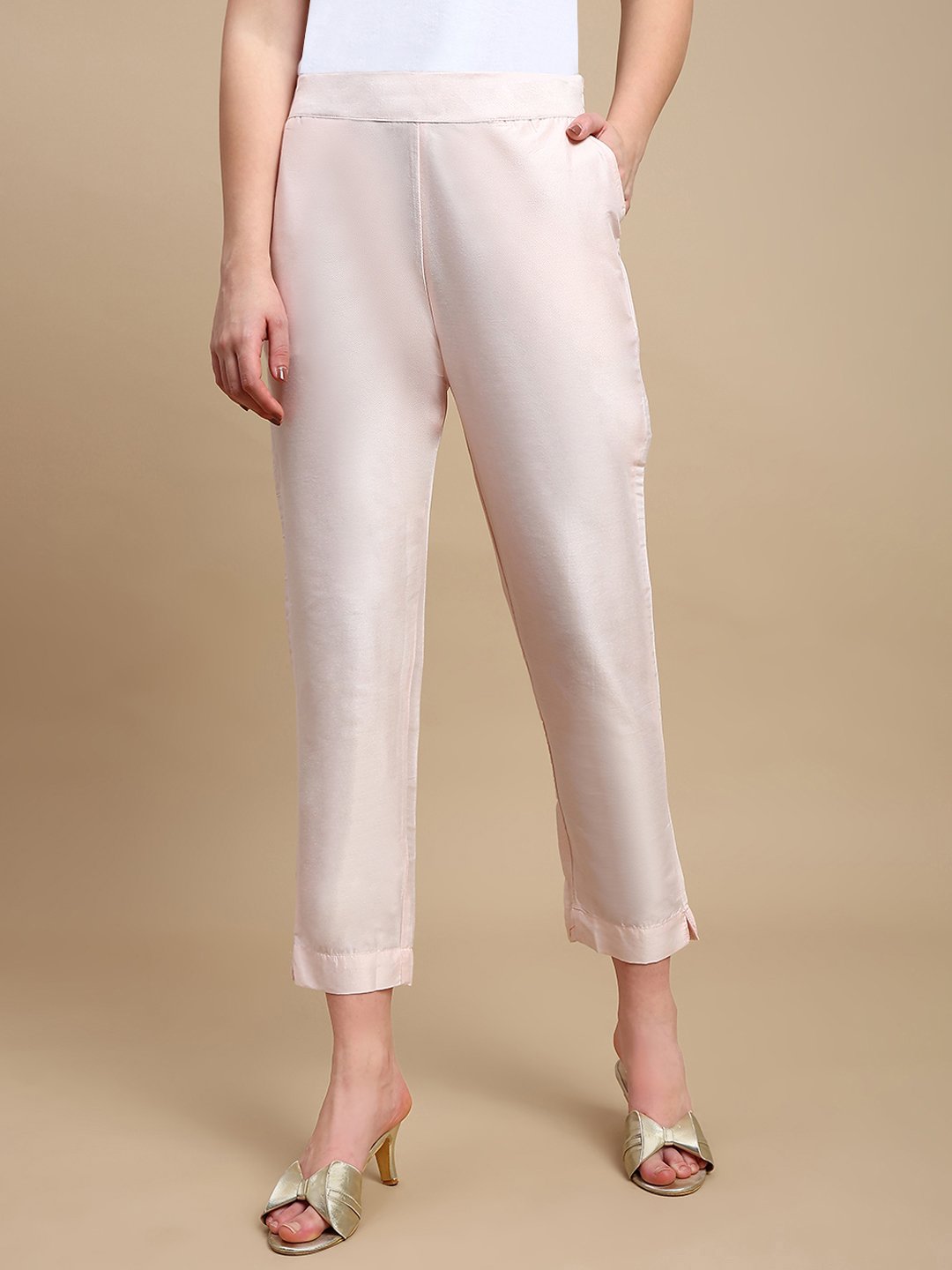 Light Pink Solid Pants with Side Pocket