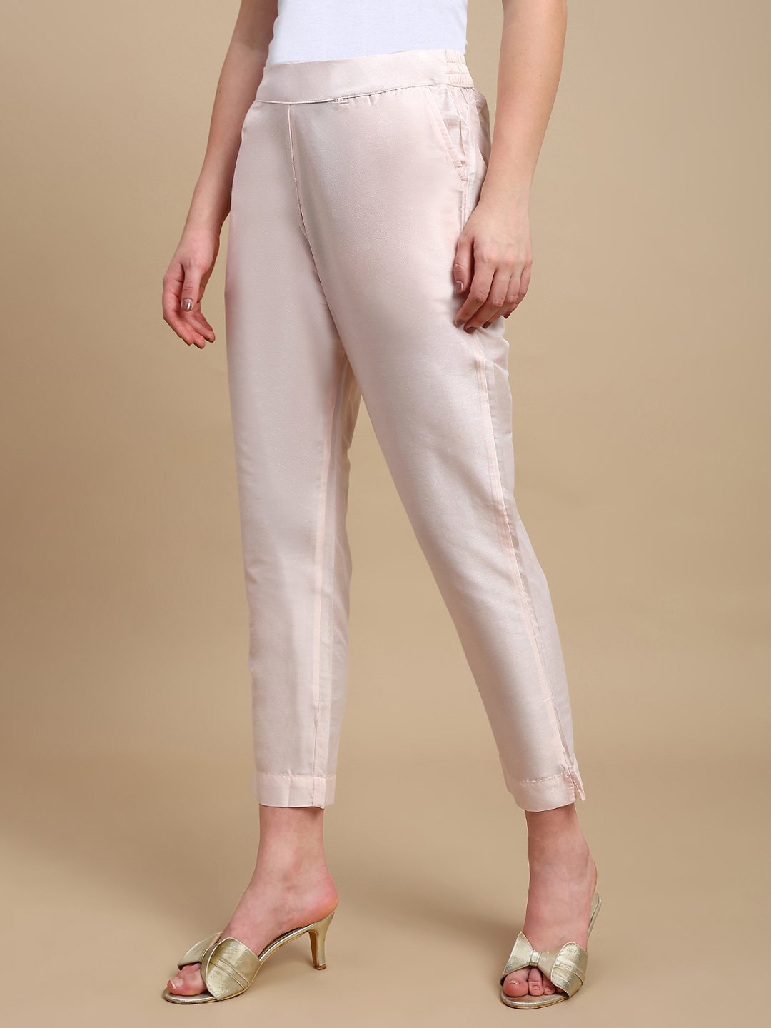 Light Pink Solid Pants with Side Pocket