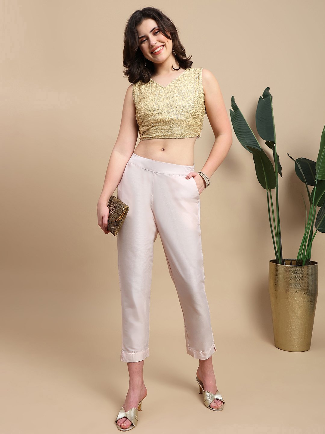 Light Pink Solid Pants with Side Pocket