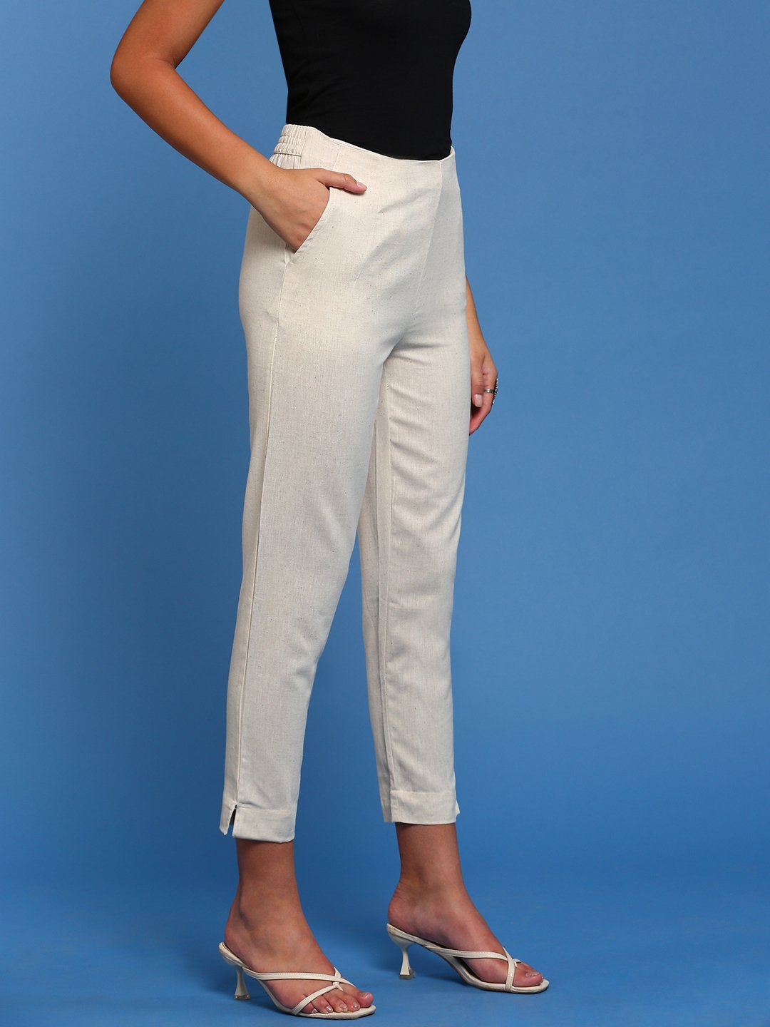Cream Woven Cotton Pants
