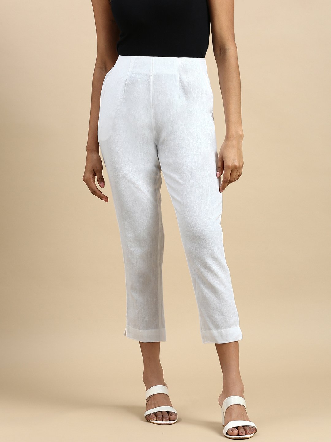 White Solid Woven Cotton Pants