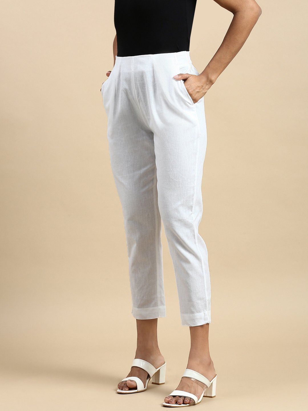 White Solid Woven Cotton Pants
