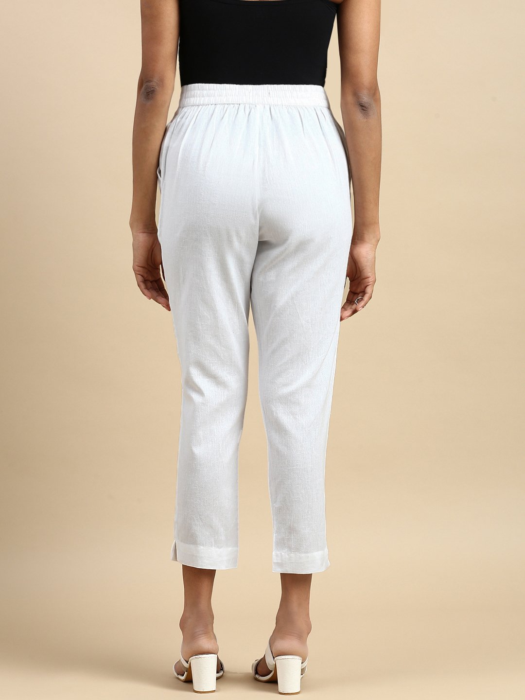 White Solid Woven Cotton Pants