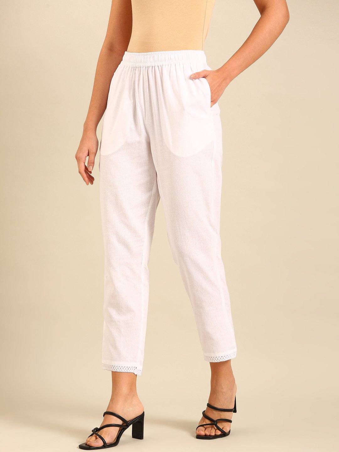 White Woven Cotton Flex Lace Hem Pants