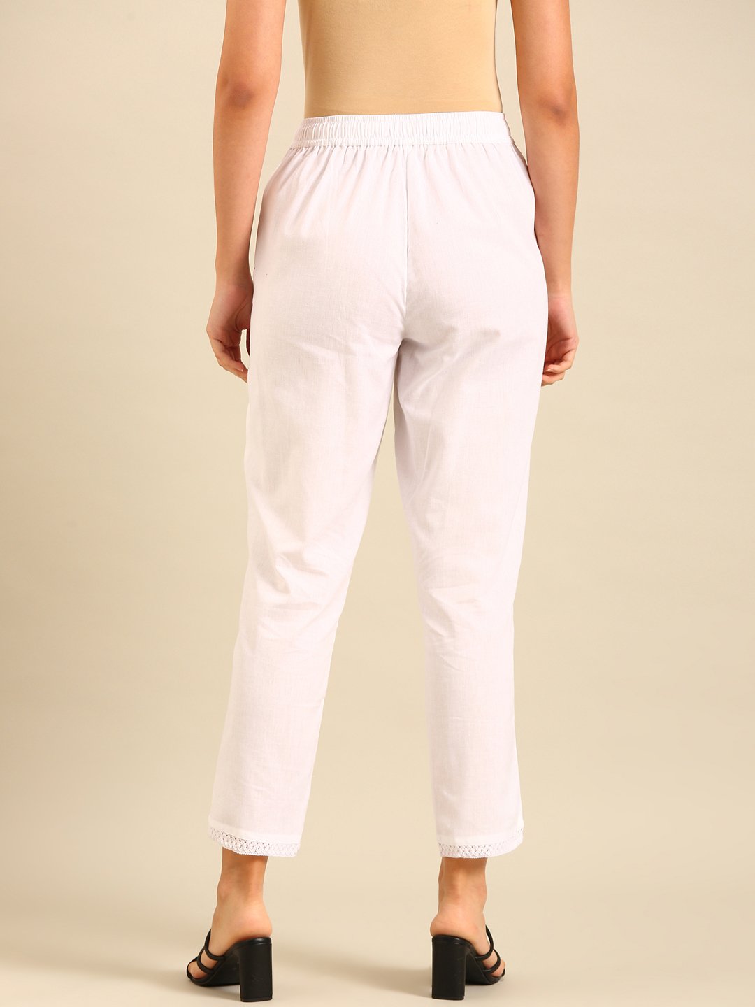 White Woven Cotton Flex Lace Hem Pants
