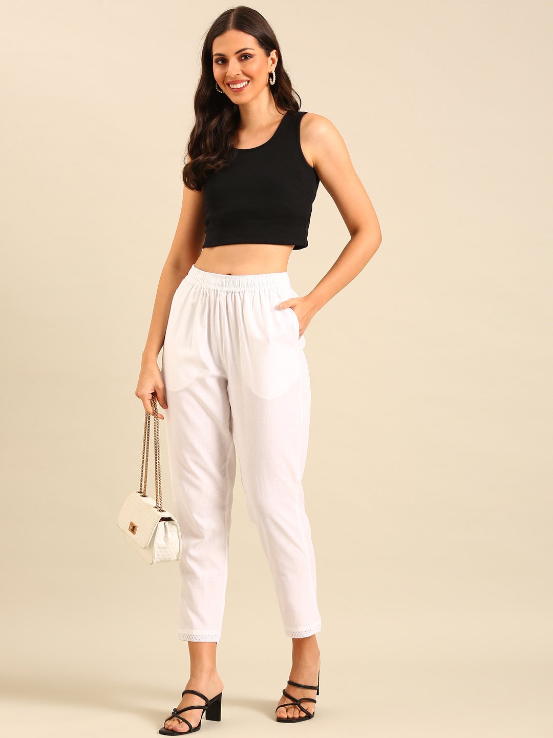 White Woven Cotton Flex Lace Hem Pants