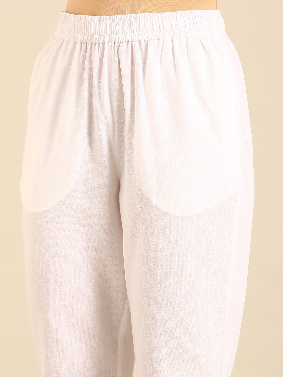 White Woven Cotton Flex Lace Hem Pants