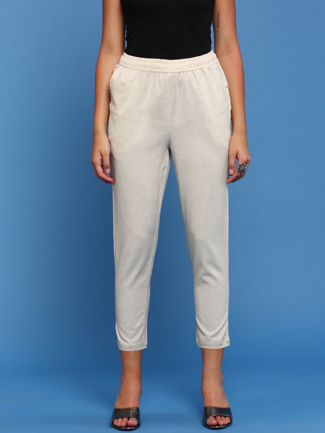 Cream Woven Cotton Flex Lace Hem Pants