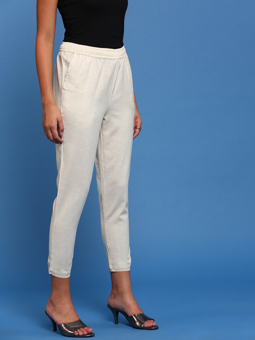 Cream Woven Cotton Flex Lace Hem Pants