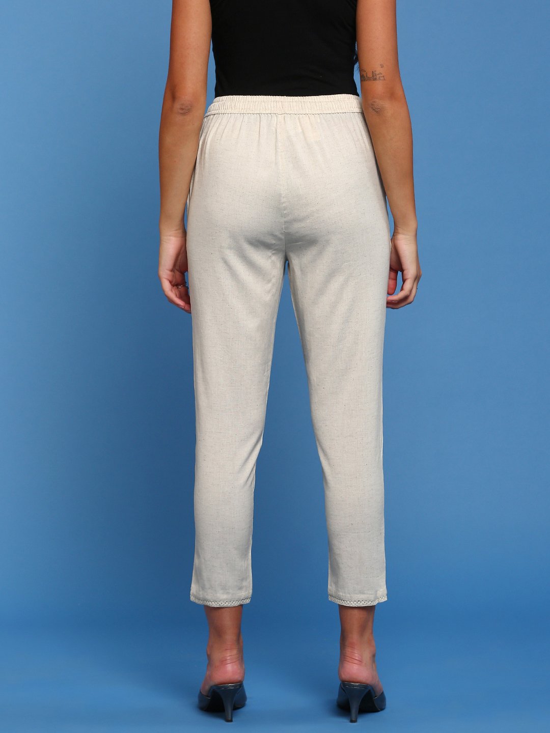 Cream Woven Cotton Flex Lace Hem Pants