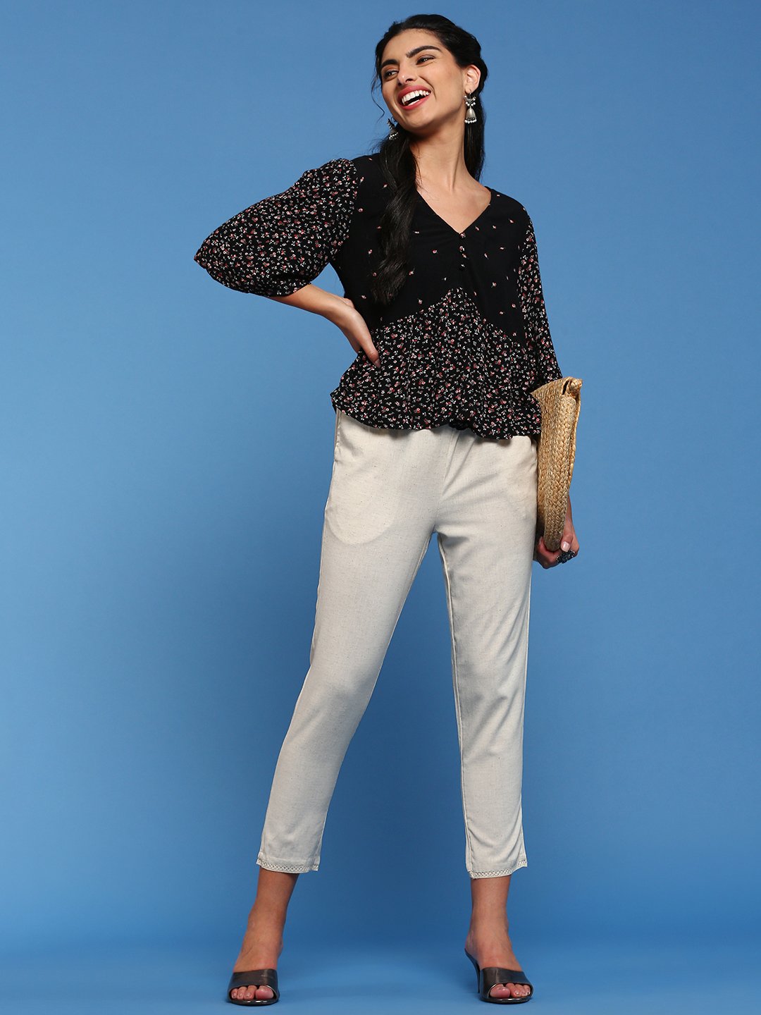 Cream Woven Cotton Flex Lace Hem Pants