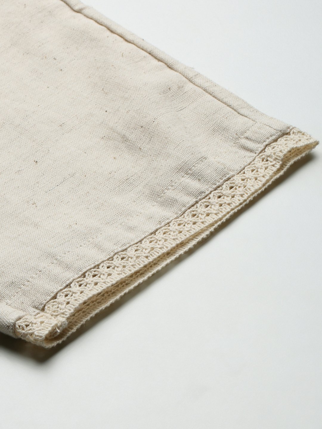 Cream Woven Cotton Flex Lace Hem Pants