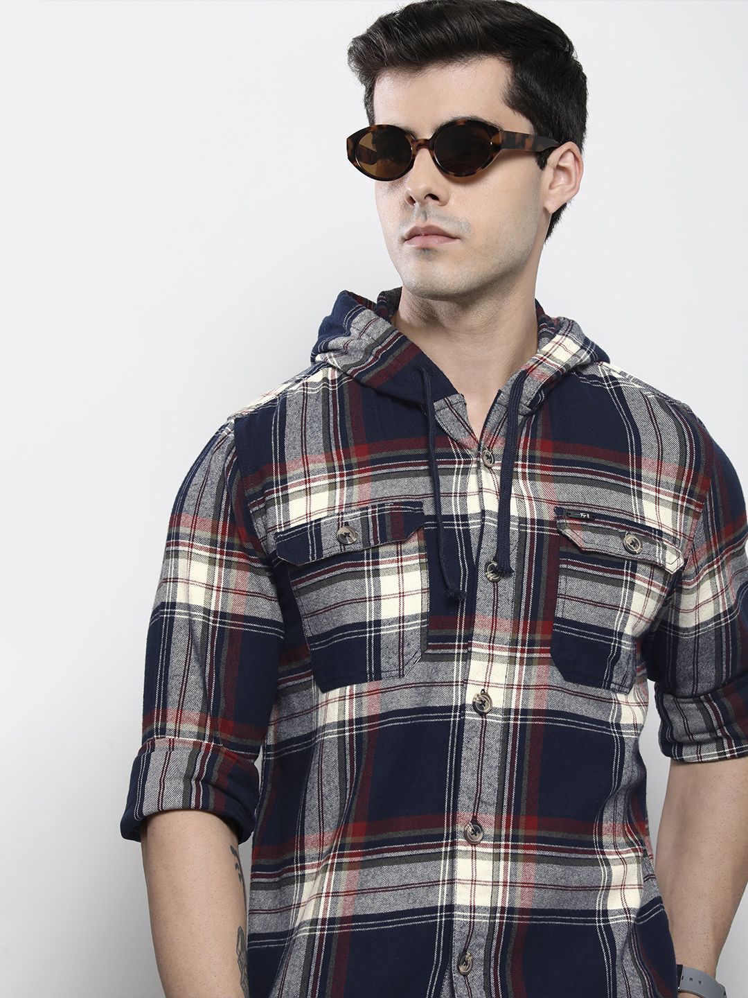 Men Regular Fit Checked Hood Casual Shirt
