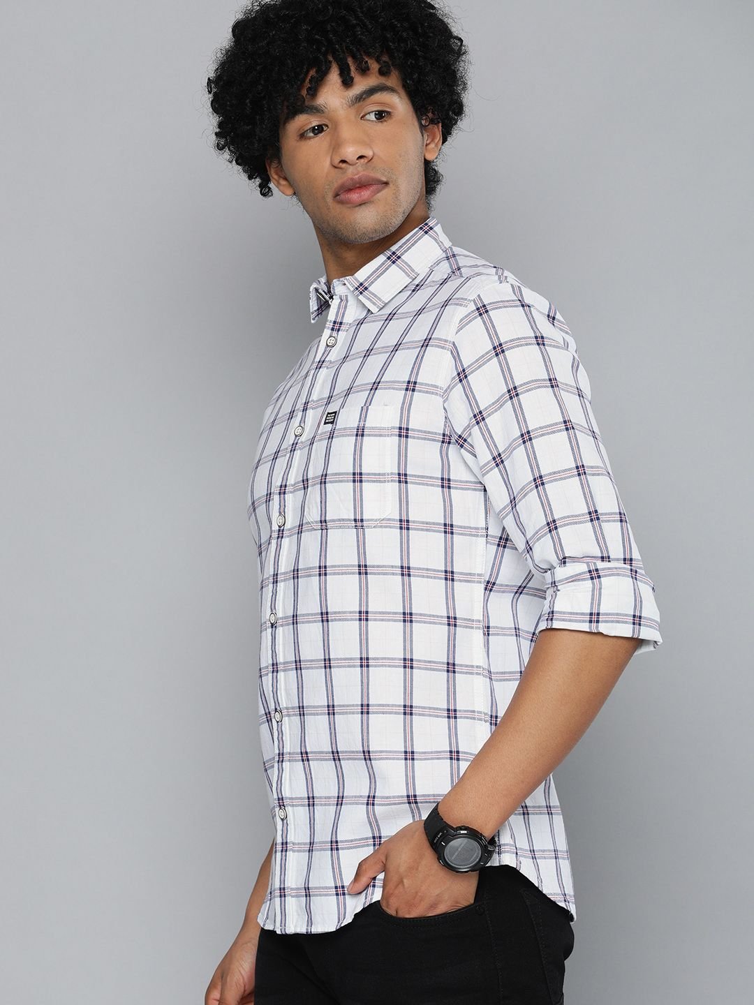 Men Slim Fit Other Checks Spread Collar Casual Shirt