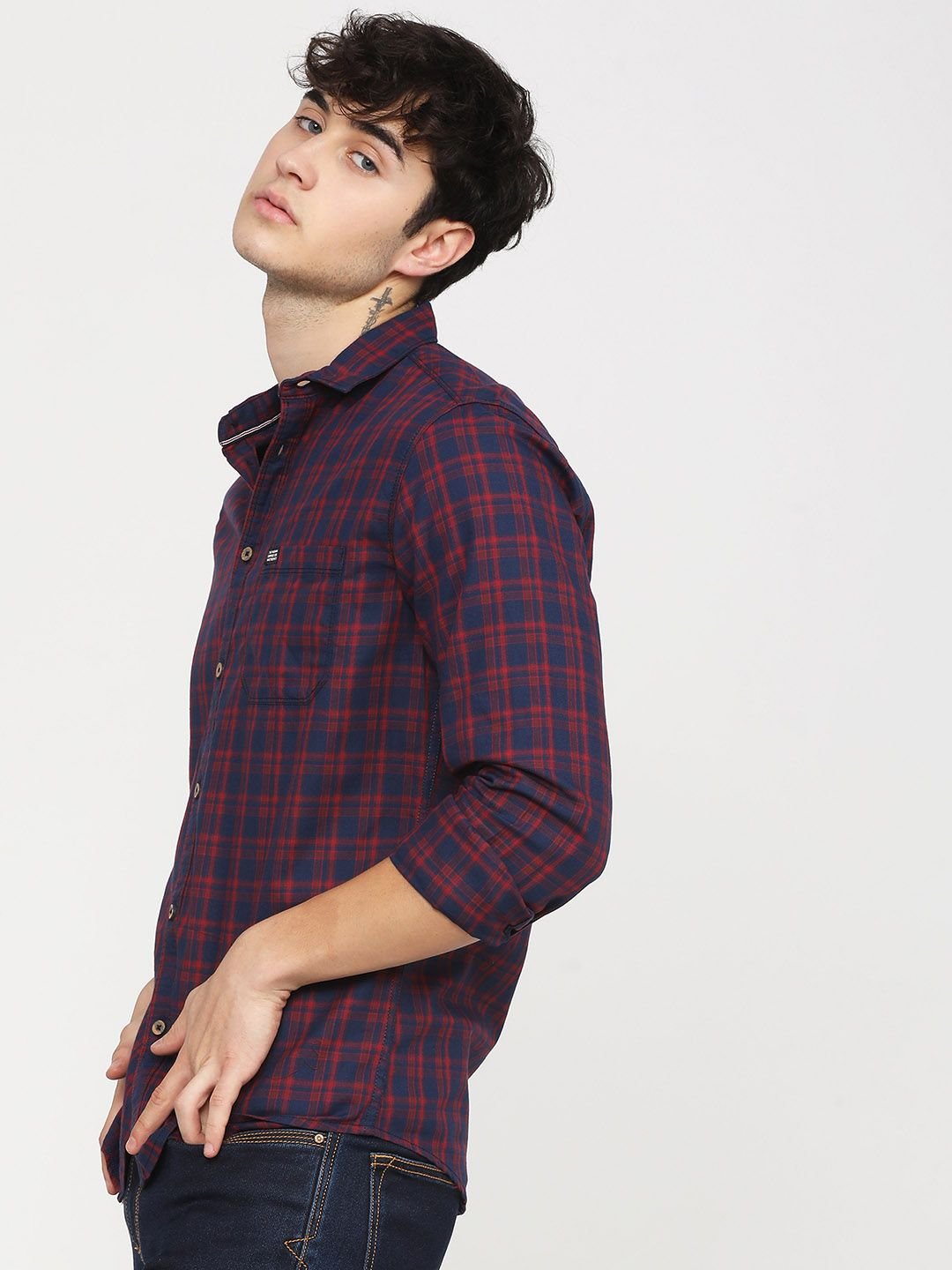 Men Slim Fit Other Checks Spread Collar Casual Shirt