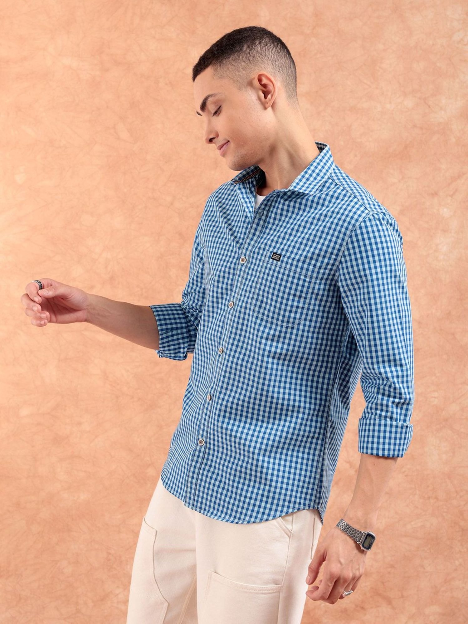 Men Slim Fit Other Checks Spread Collar Casual Shirt