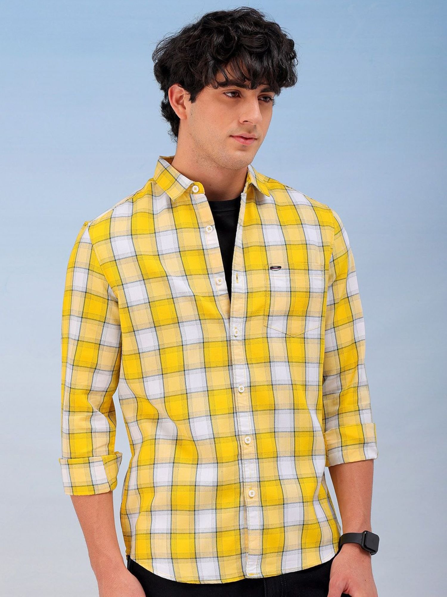 Men Slim Checked Cutaway Collar Casual Shirt