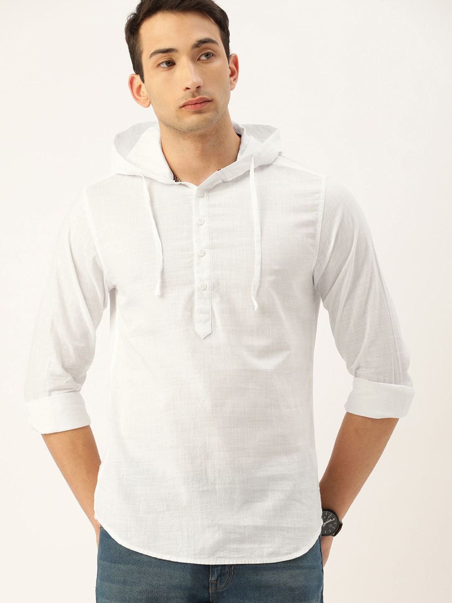 Men Slim Fit Solid Hood Casual Shirt