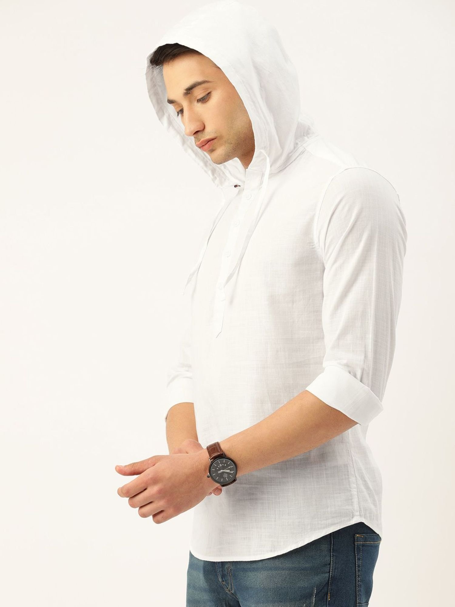 Men Slim Fit Solid Hood Casual Shirt