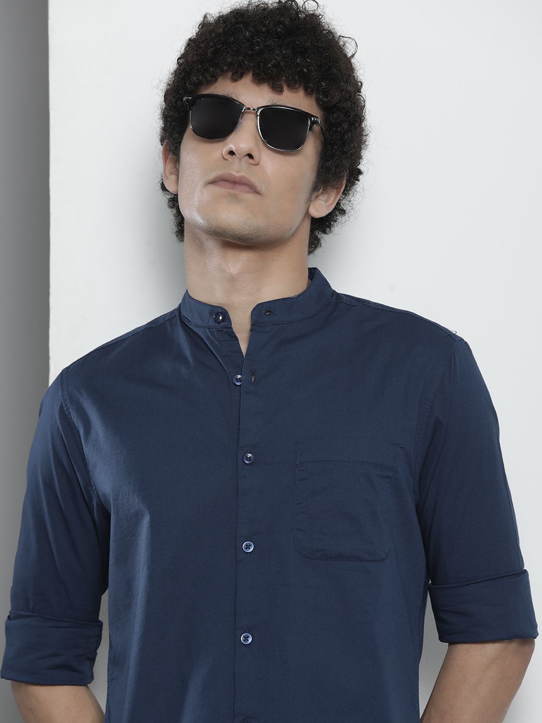 Men Regular Fit Solid Mandarin Collar Casual Shirt