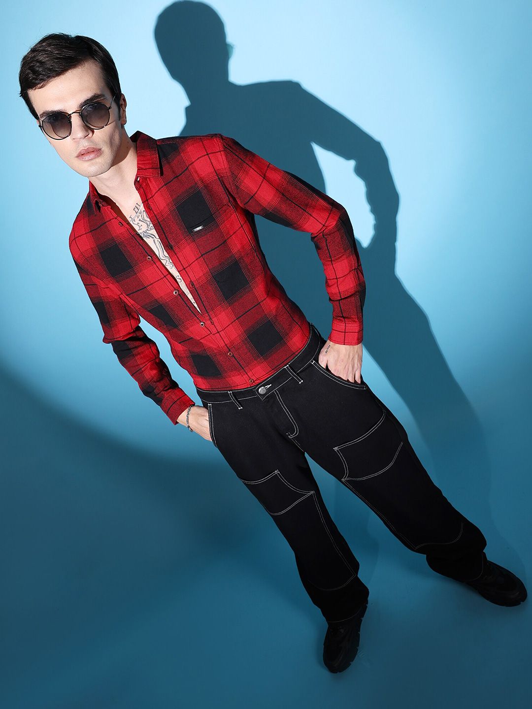 Men Slim Checked Cutaway Collar Casual Shirt