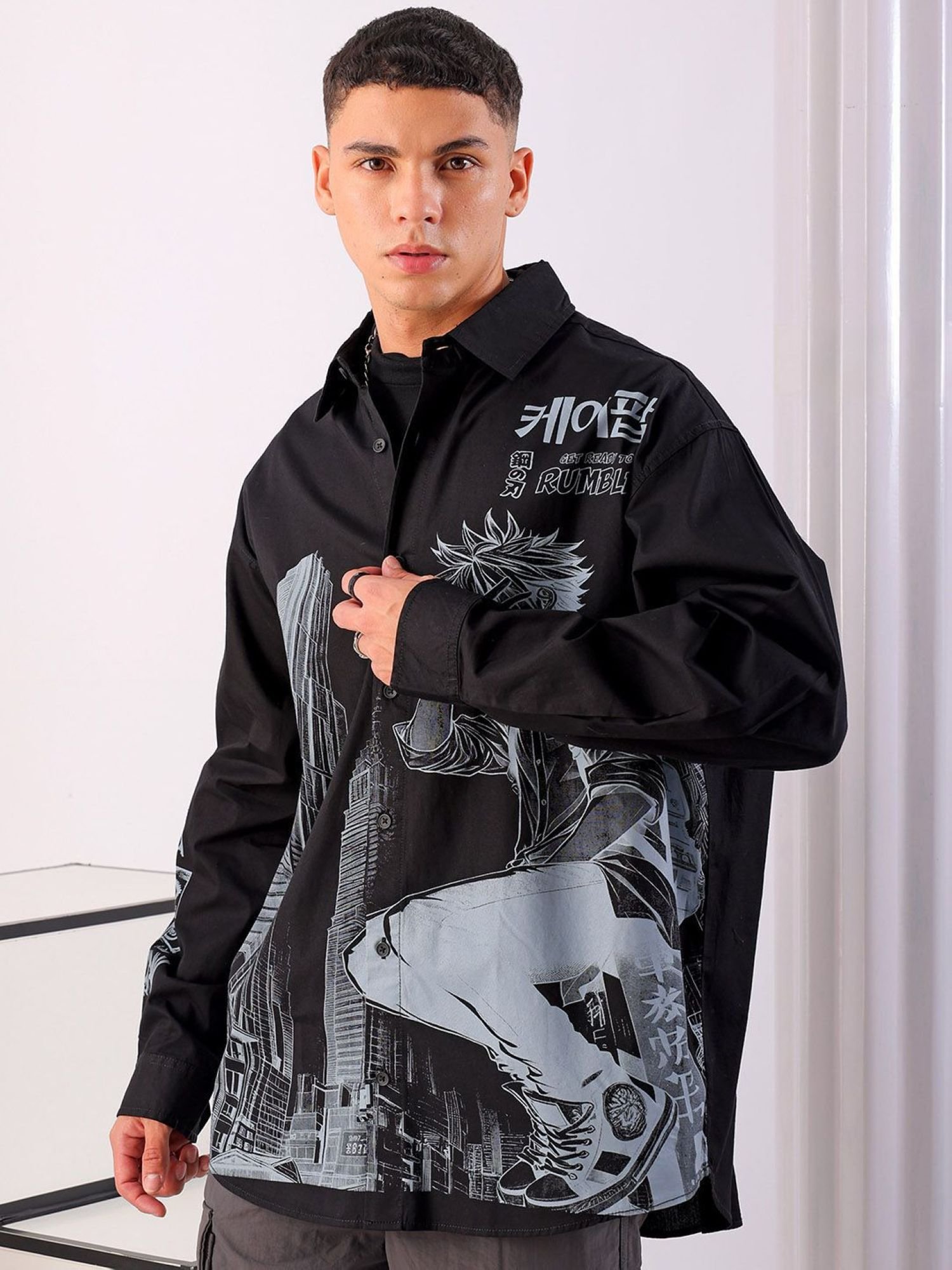 Men Oversized Graphic Self Fold Placket Street Shirt
